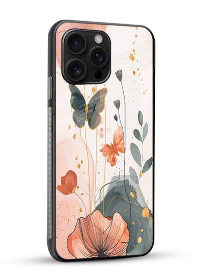 Watercolor butterfly floral artwork on glossy vibrant premium glass back cover with soft painted tones. - Angle Side