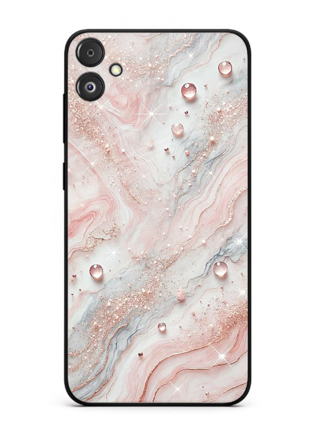 WhiteGold Accent Vein Samsung F05 5G glass back cover with white marble and gold accent veins