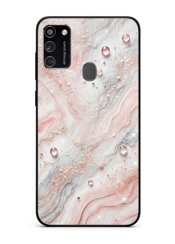 WhiteGold Accent Vein Samsung M21 glass back cover with white marble and gold accent veins