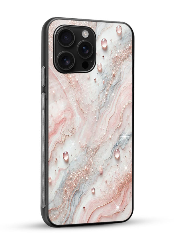 WhiteGold Accent Vein glossy vibrant premium glass back cover with white marble and gold accent veins - Angle Side