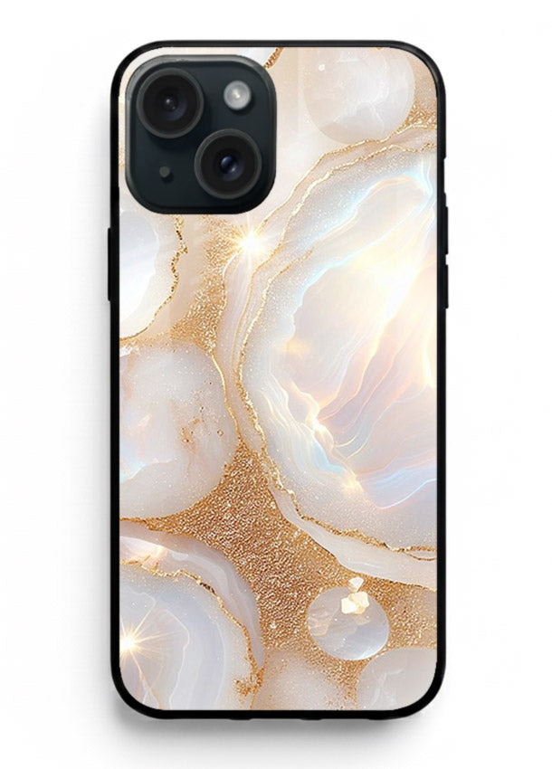 WhiteGold Crackle Marble iphone 15 plus glass back cover with cracked gold marble detailing