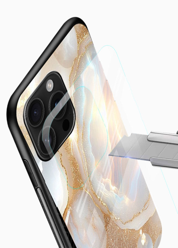 WhiteGold Crackle Marble glossy vibrant premium glass back cover with cracked gold marble detailing - Angle Blade