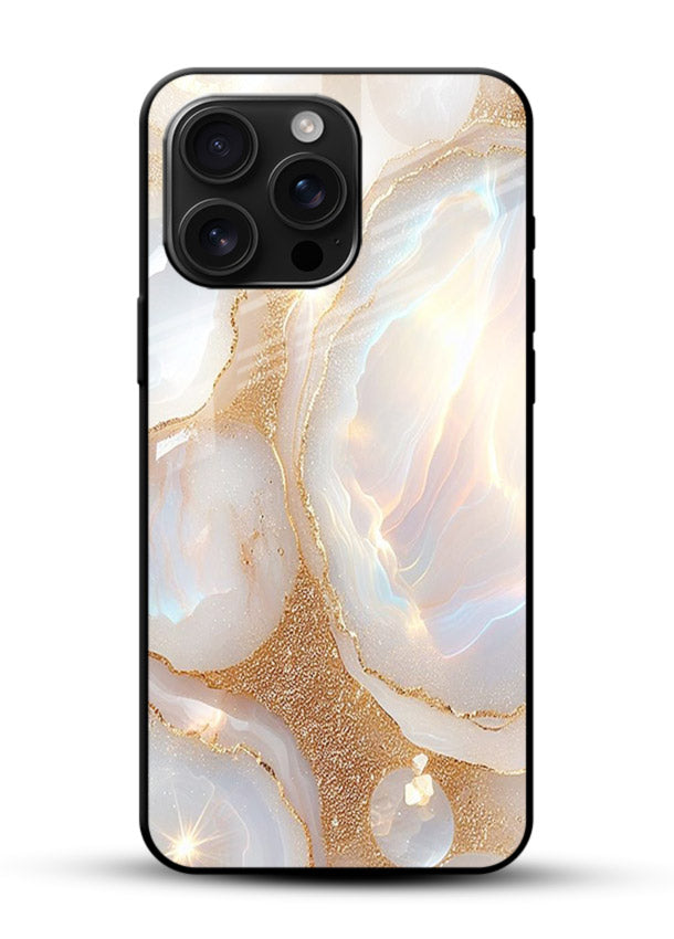 WhiteGold Crackle Marble glossy vibrant premium glass back cover with cracked gold marble detailing - Angle Front