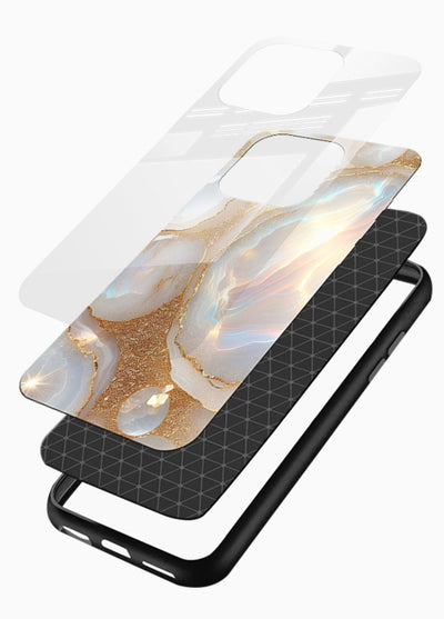 WhiteGold Crackle Marble glossy vibrant premium glass back cover with cracked gold marble detailing - Angle Layers