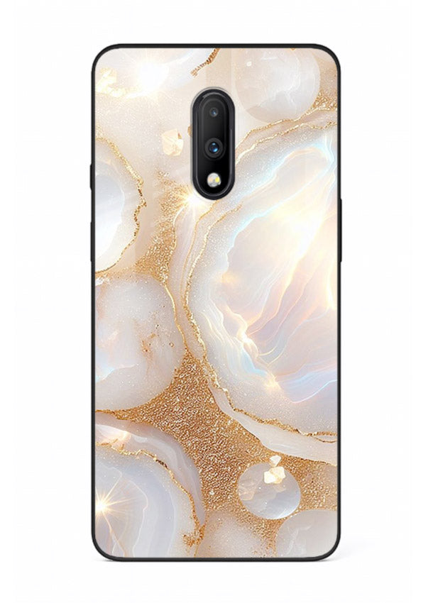 WhiteGold Crackle Marble OnePlus 7 glass back cover with cracked gold marble detailing