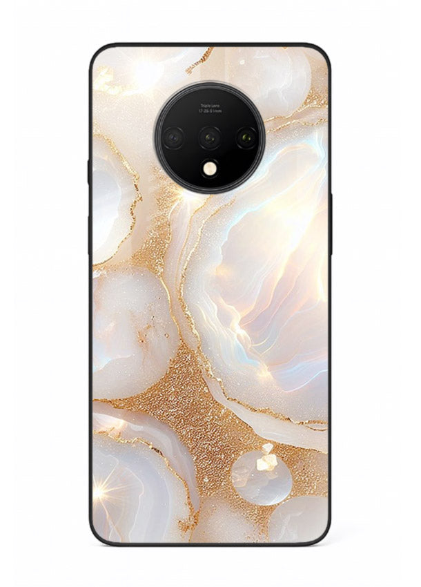 WhiteGold Crackle Marble OnePlus 7T glass back cover with cracked gold marble detailing