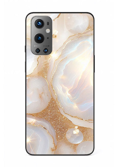 WhiteGold Crackle Marble OnePlus 9 glass back cover with cracked gold marble detailing