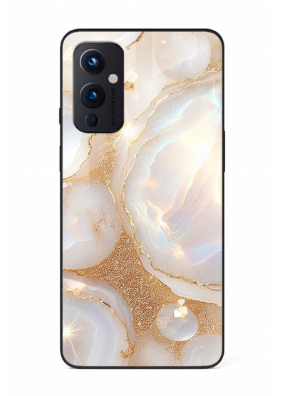 WhiteGold Crackle Marble OnePlus 9 Pro glass back cover with cracked gold marble detailing