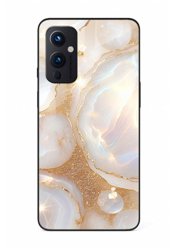 WhiteGold Crackle Marble OnePlus 9 Pro glass back cover with cracked gold marble detailing