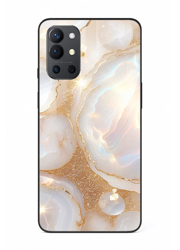 WhiteGold Crackle Marble OnePlus 9R glass back cover with cracked gold marble detailing