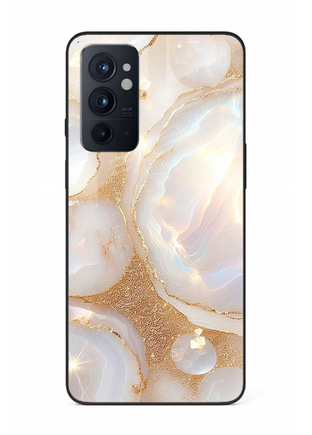 WhiteGold Crackle Marble OnePlus 9RT glass back cover with cracked gold marble detailing