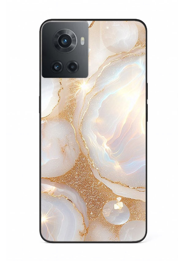 WhiteGold Crackle Marble OnePlus 10R glass back cover with cracked gold marble detailing