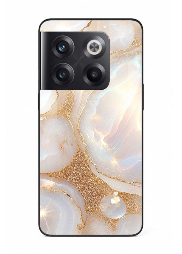 WhiteGold Crackle Marble OnePlus 10T glass back cover with cracked gold marble detailing