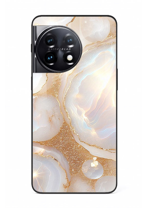 WhiteGold Crackle Marble OnePlus 11 glass back cover with cracked gold marble detailing