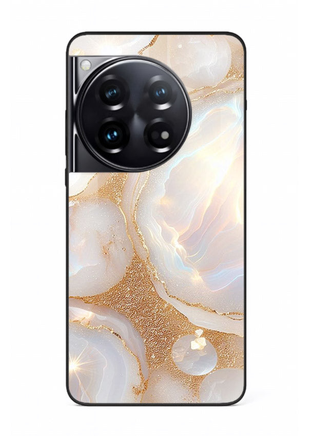 WhiteGold Crackle Marble OnePlus 12 glass back cover with cracked gold marble detailing
