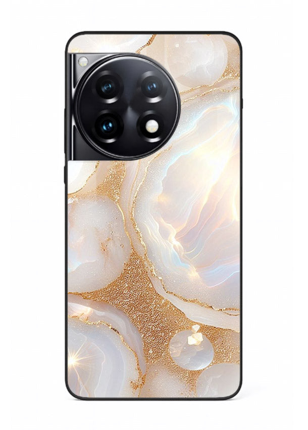 WhiteGold Crackle Marble OnePlus 12R glass back cover with cracked gold marble detailing