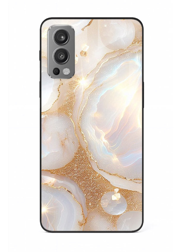 WhiteGold Crackle Marble OnePlus Nord 2 glass back cover with cracked gold marble detailing