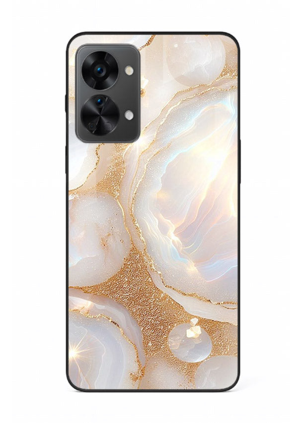 WhiteGold Crackle Marble OnePlus Nord 2T glass back cover with cracked gold marble detailing