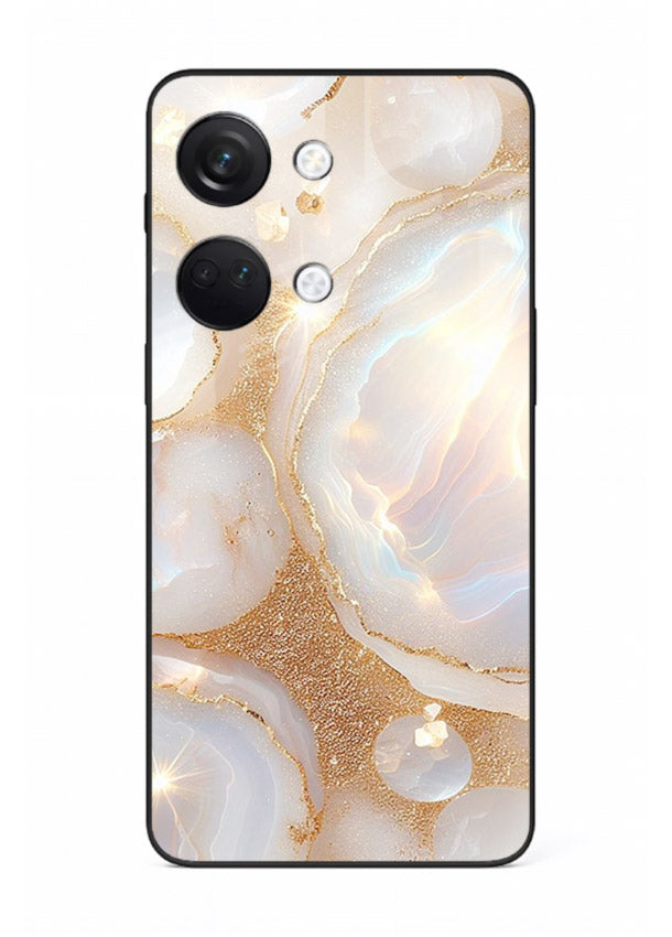 WhiteGold Crackle Marble OnePlus Nord 3 glass back cover with cracked gold marble detailing