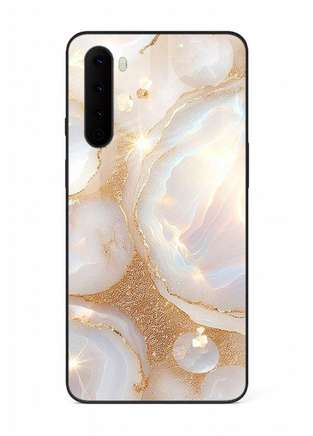 WhiteGold Crackle Marble OnePlus Nord glass back cover with cracked gold marble detailing