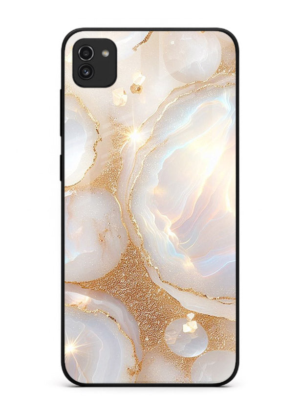 WhiteGold Crackle Marble Samsung A03 glass back cover with cracked gold marble detailing