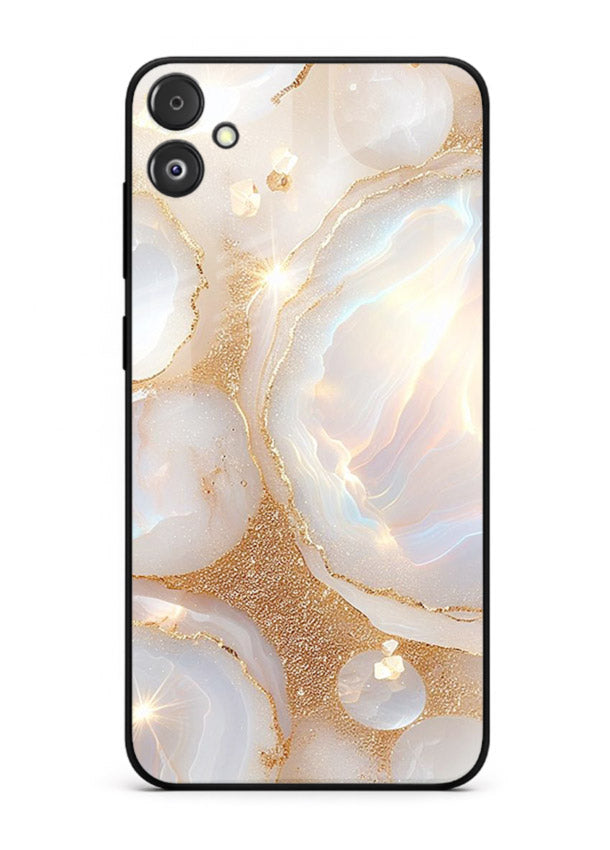 WhiteGold Crackle Marble Samsung F04 5G glass back cover with cracked gold marble detailing