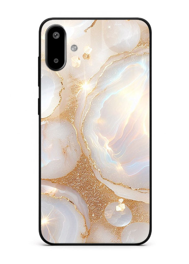 WhiteGold Crackle Marble Samsung F06 5G glass back cover with cracked gold marble detailing