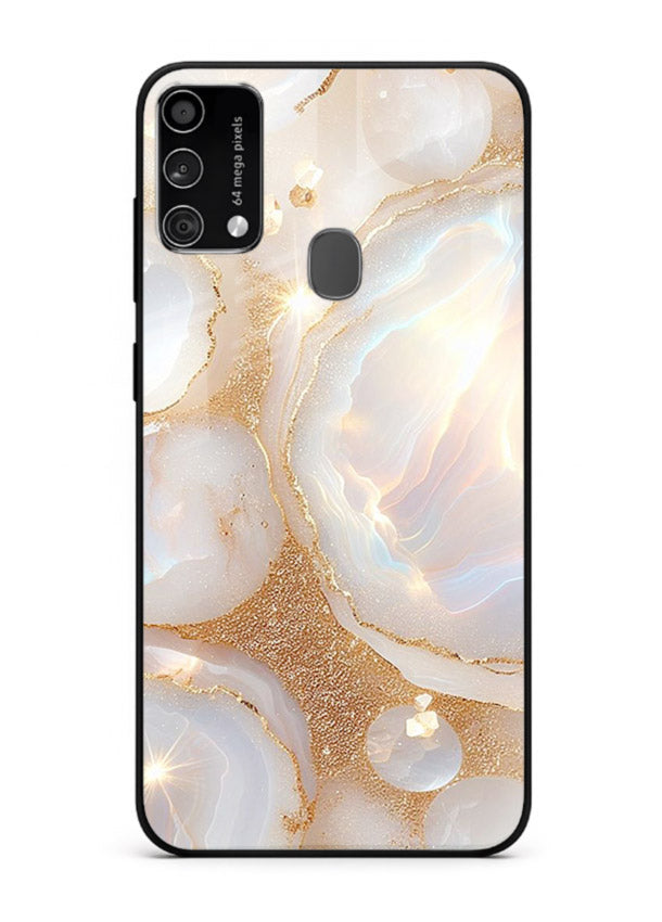 WhiteGold Crackle Marble Samsung F41 glass back cover with cracked gold marble detailing