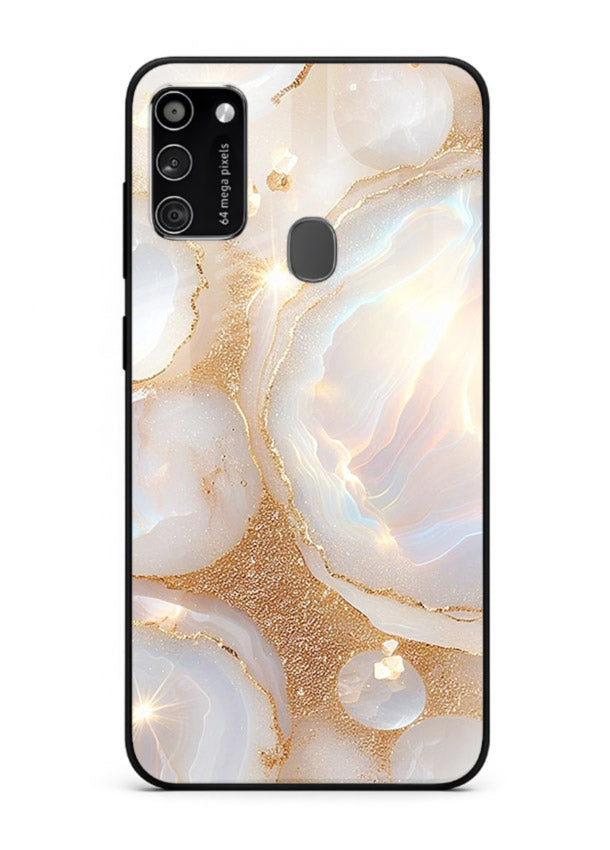 WhiteGold Crackle Marble Samsung M30s glass back cover with cracked gold marble detailing