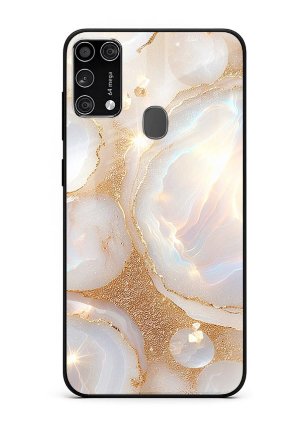 WhiteGold Crackle Marble Samsung M31 glass back cover with cracked gold marble detailing