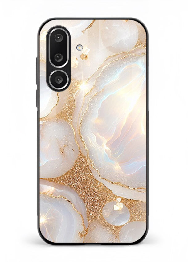 WhiteGold Crackle Marble Samsung M56 5G glass back cover with cracked gold marble detailing