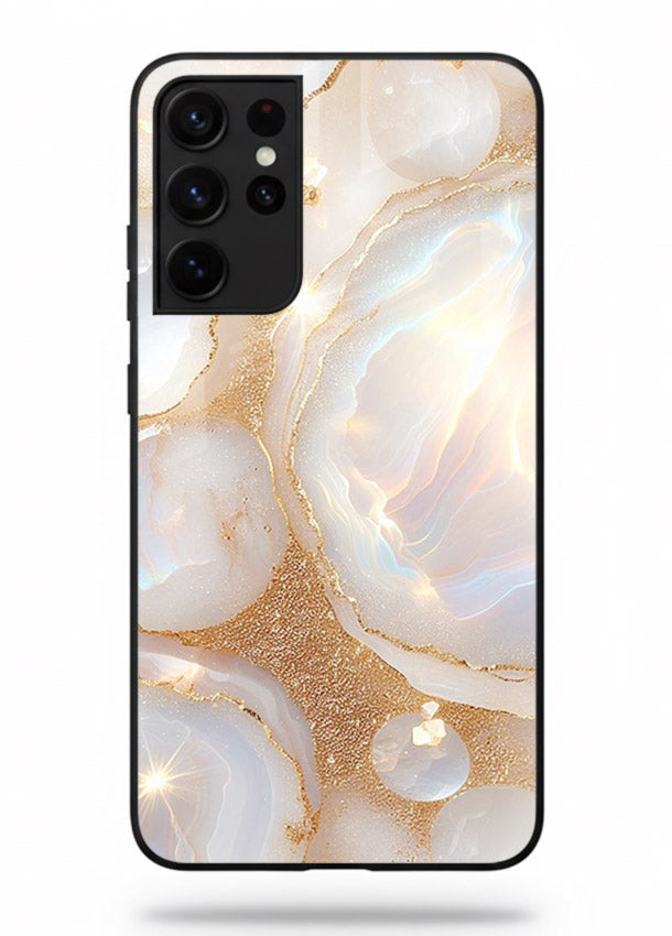 WhiteGold Crackle Marble Samsung S21 Ultra glass back cover with cracked gold marble detailing