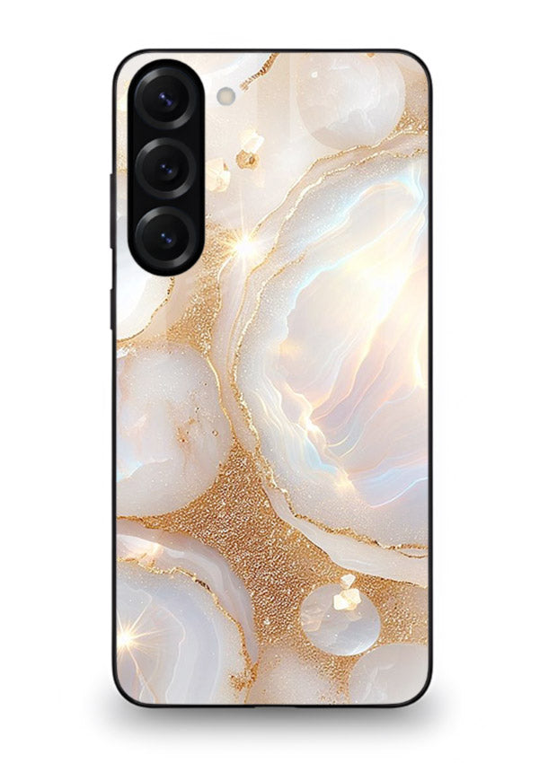 WhiteGold Crackle Marble Samsung S23 Plus glass back cover with cracked gold marble detailing