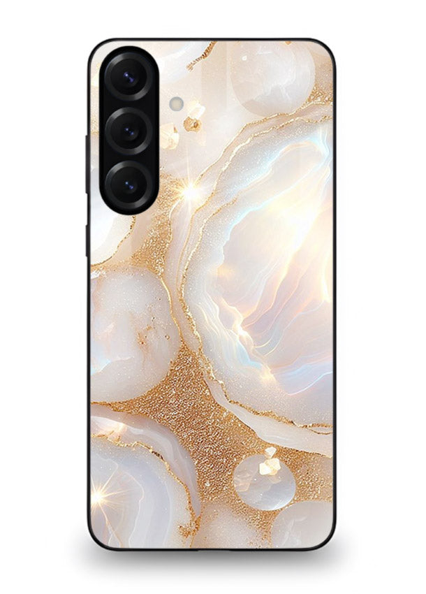 WhiteGold Crackle Marble Samsung S24 FE glass back cover with cracked gold marble detailing