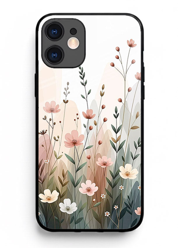 Wild meadow floral artwork on iphone 12 glass back cover with soft countryside tones.
