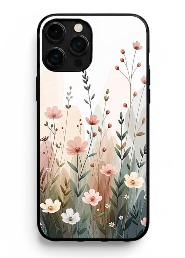 Wild meadow floral artwork on iphone 11 pro max glass back cover with soft countryside tones.
