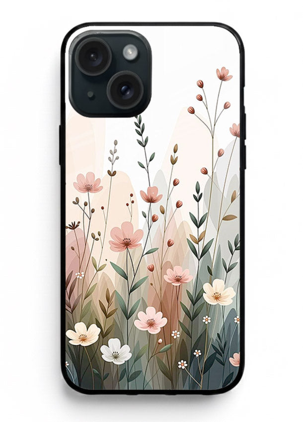 Wild meadow floral artwork on iphone 15 plus glass back cover with soft countryside tones.