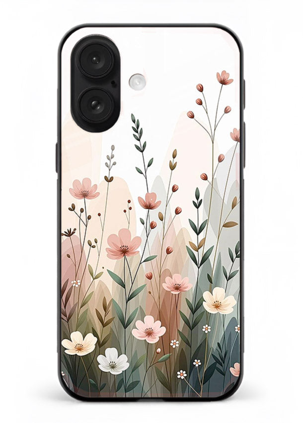 Wild meadow floral artwork on iphone 16 glass back cover with soft countryside tones.
