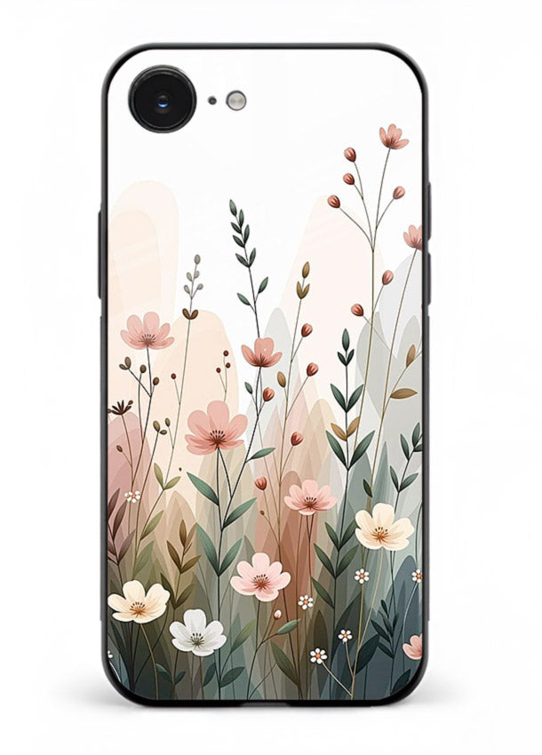 Wild meadow floral artwork on iphone 16e glass back cover with soft countryside tones.