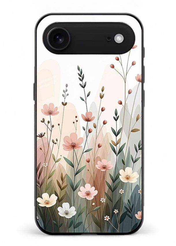 Wild meadow floral artwork on iphone 17 air glass back cover with soft countryside tones.