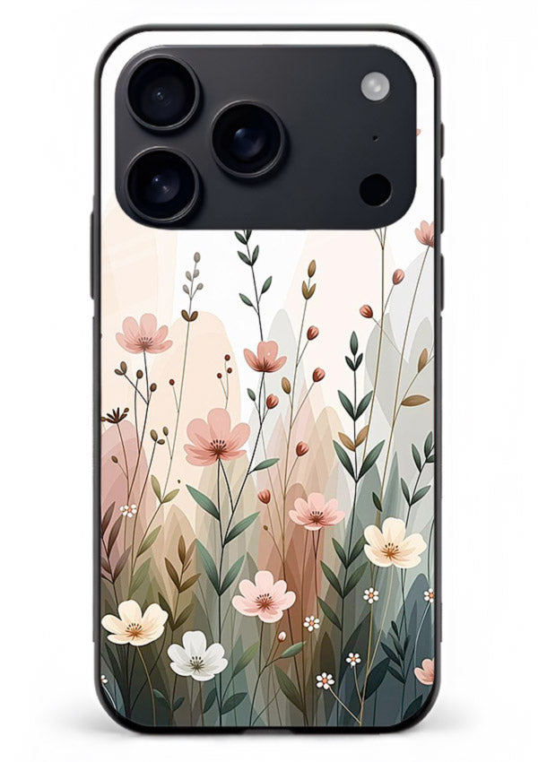 Wild meadow floral artwork on iphone 17 pro max glass back cover with soft countryside tones.