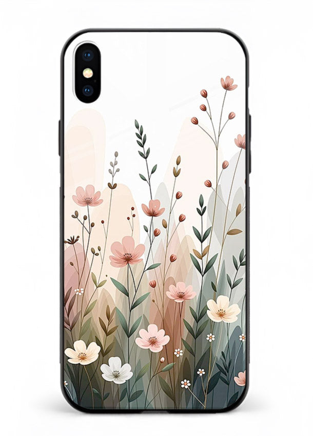 Wild meadow floral artwork on iphone xs max glass back cover with soft countryside tones.