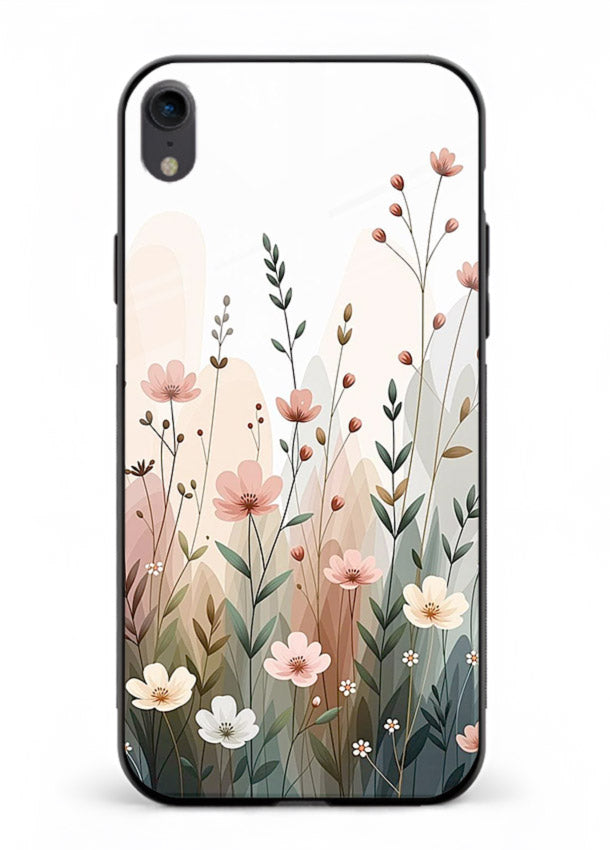 Wild meadow floral artwork on iphone xr glass back cover with soft countryside tones.