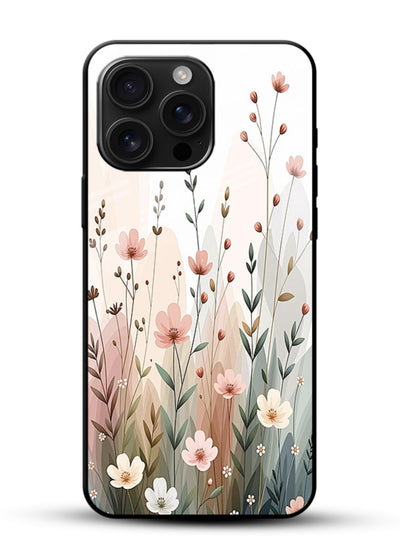 Wild meadow floral artwork on glossy vibrant premium glass back cover with soft countryside tones. - Angle Front