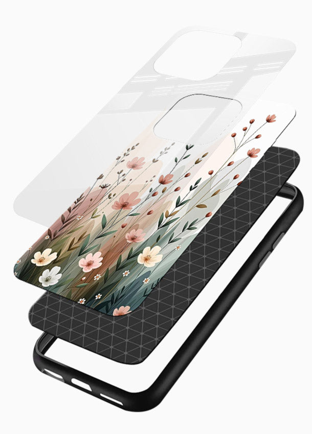 Wild meadow floral artwork on glossy vibrant premium glass back cover with soft countryside tones. - Angle Layers