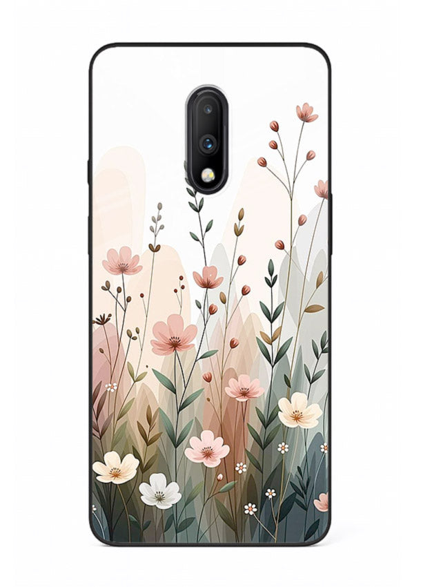 Wild meadow floral artwork on OnePlus 7 glass back cover with soft countryside tones.