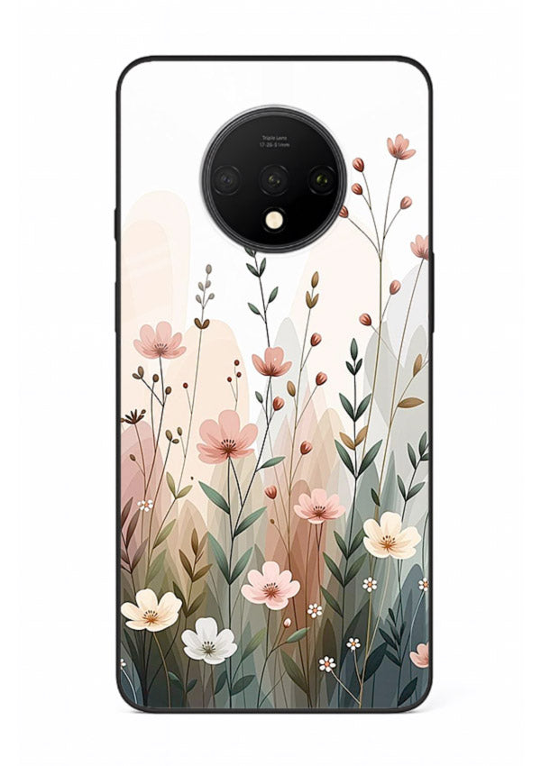 Wild meadow floral artwork on OnePlus 7T glass back cover with soft countryside tones.