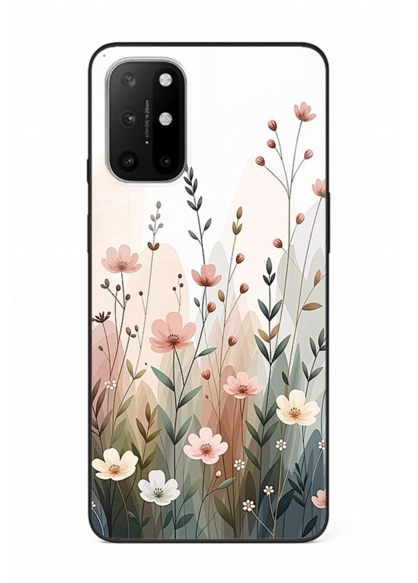 Wild meadow floral artwork on OnePlus 8T glass back cover with soft countryside tones.