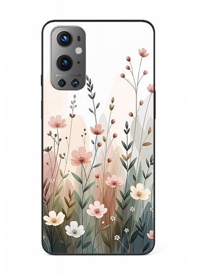 Wild meadow floral artwork on OnePlus 9 glass back cover with soft countryside tones.