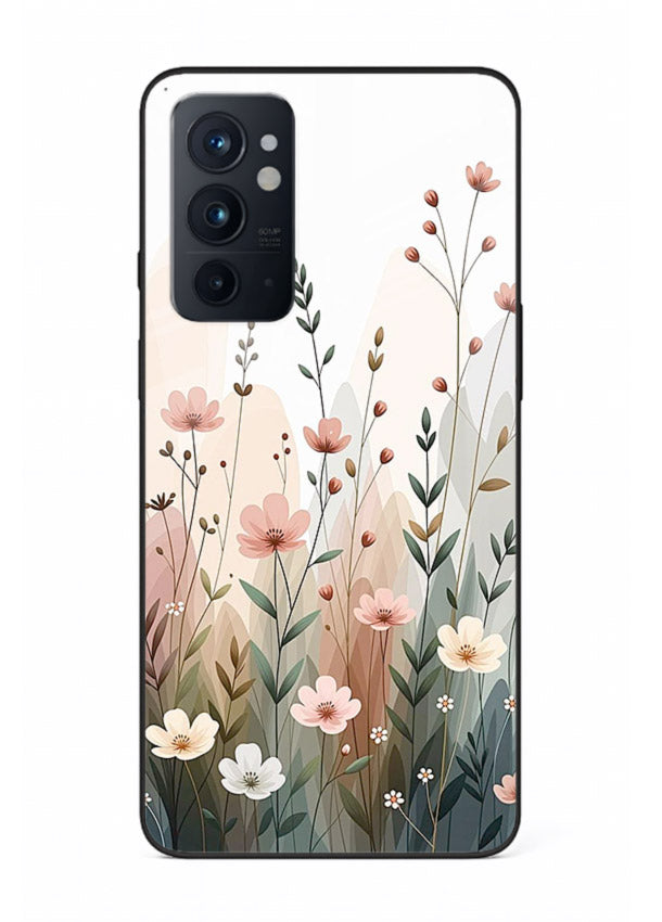 Wild meadow floral artwork on OnePlus 9RT glass back cover with soft countryside tones.